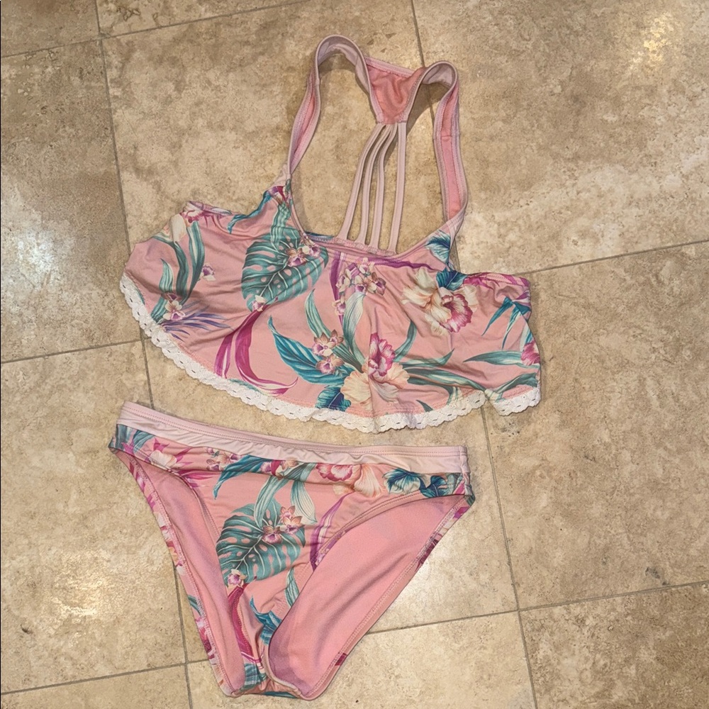 Floral Pink Girls Bikini Set with lace trim